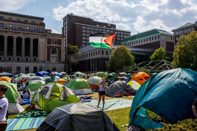 Demonstrators at the encampment established in support of Palestinians in Gaza at Columbia University on April 29, 2024 in New York City.
