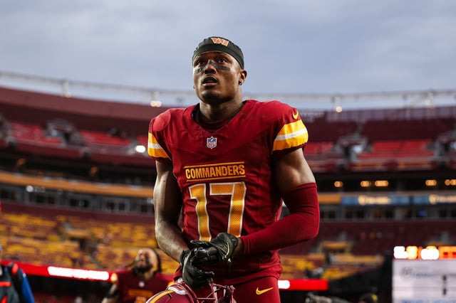 Terry McLaurin #17 of the Washington Commanders looks on after the game against the Pittsburgh Steelers at Northwest Stadium on November 10, 2024 in Landover, Maryland.