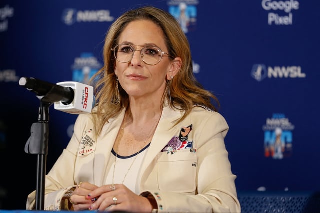 Nov 22, 2024; Kansas City, Missouri, USA; National Women’s Soccer League commissioner Jessica Berman listens to a question during a press conference ahead of the 2024 NWSL Championship match between the Orlando Pride and the Washington Spirit at CPKC Stadium. Mandatory Credit: Kylie Graham-Imagn Images/File Photo