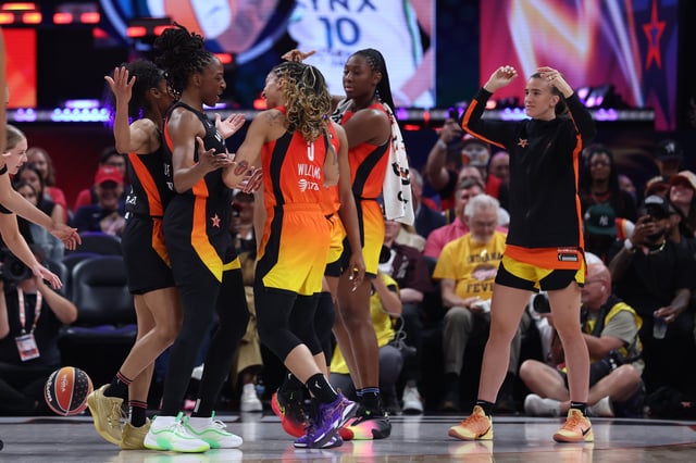 Jul 19, 2025; Indianapolis, IN, USA; Team Clark forward Gabby Williams (5) reacts with teammates in the fourth quarter against Team Collier during the 2025 WNBA All Star Game at Gainbridge Fieldhouse. Mandatory Credit: Trevor Ruszkowski-Imagn Images/File Photo