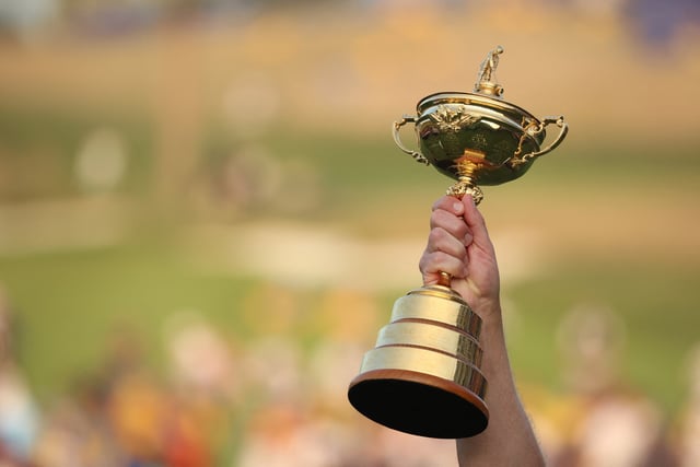 Golf - The 2023 Ryder Cup - Marco Simone Golf & Country Club, Rome, Italy - October 1, 2023 General view of the trophy held aloft by Team Europe captain Luke Donald as he celebrates after winning the Ryder Cup REUTERS/Phil Noble/File Photo