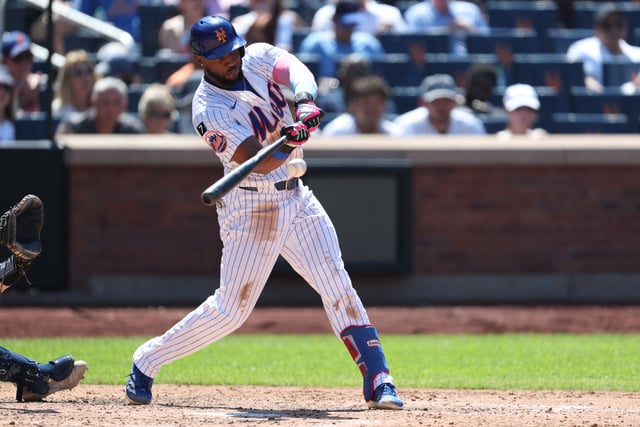 Jul 6, 2025; New York City, New York, USA; New York Mets left fielder Starling Marte (6) singles during the sixth inning against the New York Yankees at Citi Field. Mandatory Credit: Vincent Carchietta-Imagn Images/File Photo
