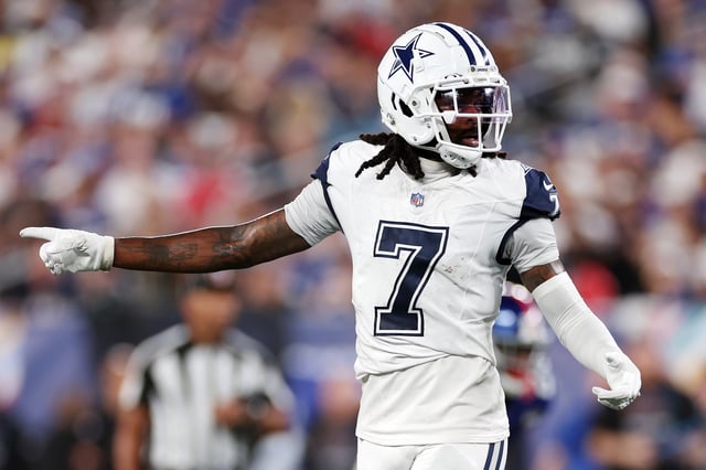 Trevon Diggs #7 of the Dallas Cowboys in action during the game against the New York Giants at MetLife Stadium on September 26, 2024 in East Rutherford, New Jersey.