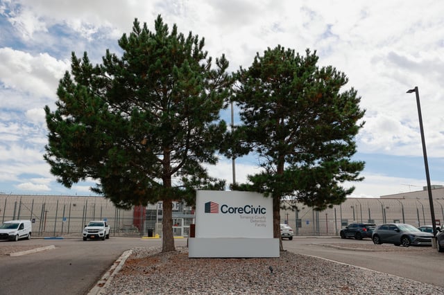 A CoreCivic sign is pictured outside the Torrance County Detention Facility, where migrants are housed, in Estancia, New Mexico, U.S., September 21, 2023. REUTERS/Adria Malcolm/File Photo