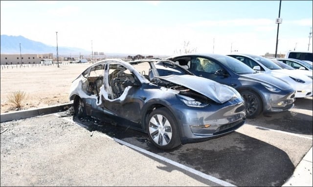 Damaged Tesla vehicles in a photograph published by the U.S. Department of Justice. Photo: DOJ