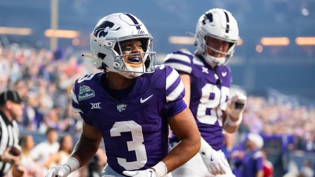Kansas State Wildcats running back Dylan Edwards (3) celebrates after scoring a touchdown against the Rutgers Scarlet Knights during the first half of the Rate Bowl at Chase Field on Dec. 26, 2024.