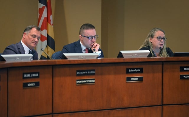 Harford Public Schools Board of Education holds its monthly meeting about two weeks after a deadly shooting at Joppatowne High School on Sept. 6. Board vice president Melissa Hahn, right, has repeatedly asked for the removal of school Superintendent Sean Bulson, left. (Kenneth K. Lam/Staff)