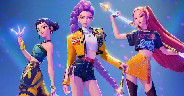 Three women, Zoey, Rumi and Mira, from KPOP Demon Hunters strike a pose with fantasy weapons.