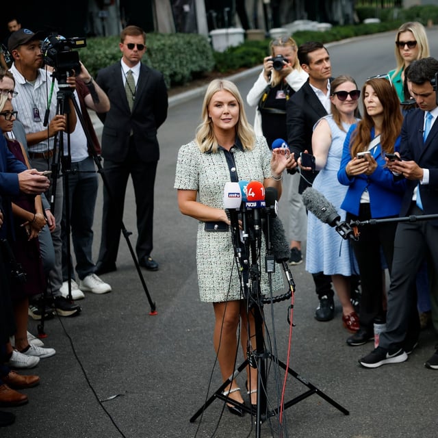 WASHINGTON, DC - JULY 21: White House press secretary Karoline Leavitt answers questions from reporters outside the White House on July 21, 2025 in Washington, DC. Leavitt answered a range of questions on a number of topics following a brief television interview. (Photo by Kevin Dietsch/Getty Images)