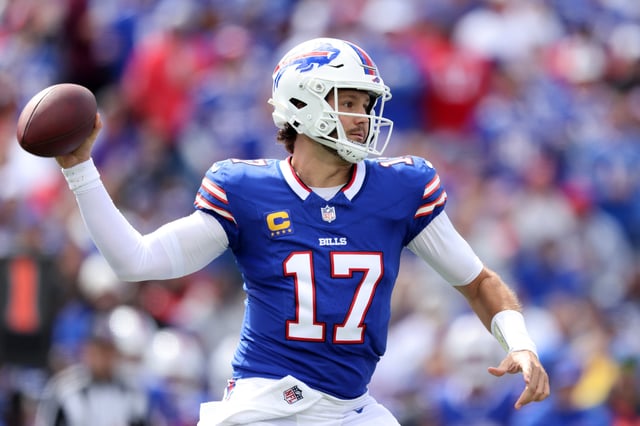Josh Allen #17 of the Buffalo Bills attempts a pass during the second quarter against the Arizona Cardinals at Highmark Stadium on September 08, 2024 in Orchard Park, New York.