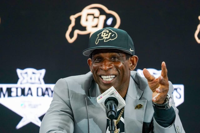 Jul 9, 2025; Frisco, TX, USA; Colorado head coach Deion Sanders speaks with the media during 2025 Big 12 Football Media Days at The Star. Mandatory Credit: Raymond Carlin III-Imagn Images/File Photo