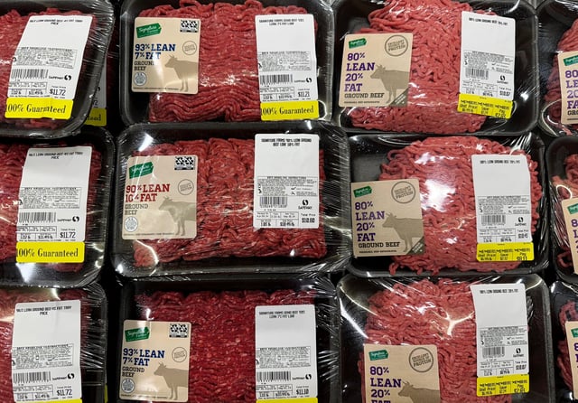 Packaged of ground beef are displayed at a Safeway store on May 02, 2024 in San Anselmo, California.