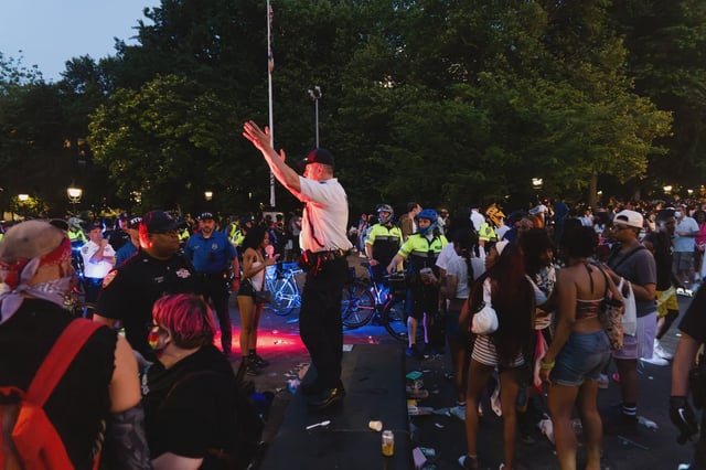 NYPD officers shut down Washington Square Park following the NYC Pride March after bear mace was deployed in the crowd in New York USA on June 29 2025. Multiple people were sprayed and sought medical aid as police cleared the area. Hours later a shooting occurred outside the Stonewall Inn further disrupting Pride celebrations in Greenwich Village.