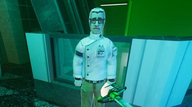 A scientist in Abiotic Factor facing the camera and looking concerned. He's wearing a white lab coat with a little nametag. The air around him is green and poisonous. 