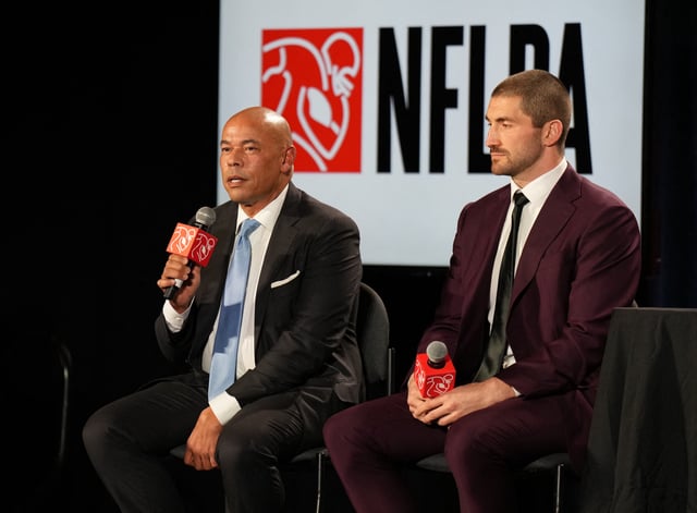 Feb 7, 2024; Las Vegas, NV, USA;  NFLPA executive director Lloyd Howell and president JC Tretter at the NFLPA Press Conference at the Mandalay Bay Convention Center prior to Super Bowl LVIII. Mandatory Credit: Kyle Terada-USA TODAY Sports/File Photo