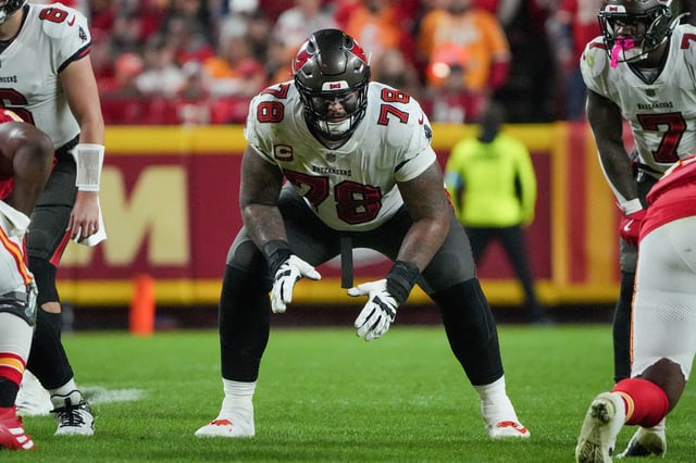 Nov 4, 2024; Kansas City, Missouri, USA; Tampa Bay Buccaneers offensive tackle Tristan Wirfs (78) at the line of scrimmage against the Kansas City Chiefsduring the game at GEHA Field at Arrowhead Stadium. Mandatory Credit: Denny Medley-Imagn Images/File Photo
