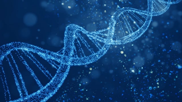 A glowing digital representation of a DNA double helix structure.