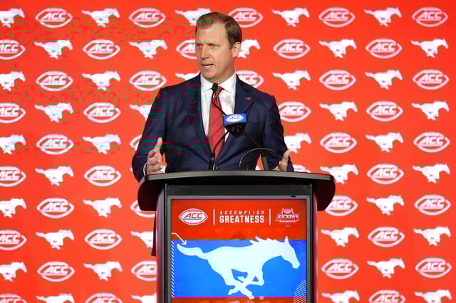 Jul 22, 2025; Charlotte, NC, USA; Southern Methodist head coach Rhett Lashlee answers questions from the media during ACC Media Days at Hilton Charlotte Uptown. Mandatory Credit: Jim Dedmon-Imagn Images