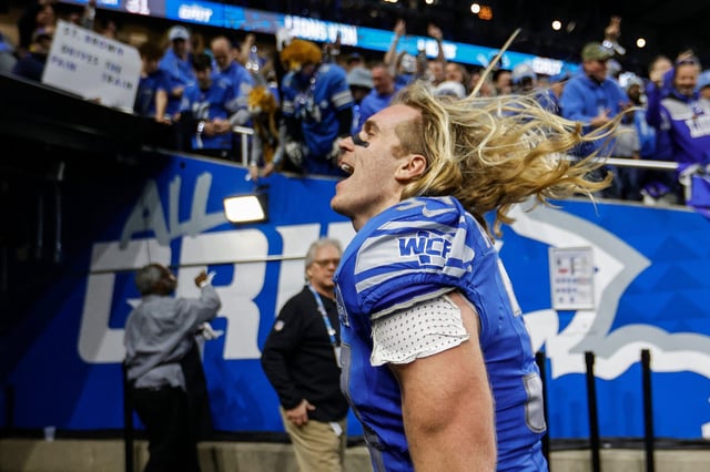 Jan 21, 2024; Detroit, Michigan, USA; Detroit Lions linebacker Alex Anzalone (34) celebrates their win over Tampa Bay Buccaneers in a 2024 NFC divisional round game at Ford Field. Mandatory Credit: Junfu Han-USA TODAY Sports/File Photo