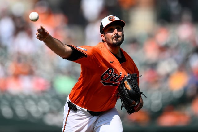 Baltimore Orioles starting pitcher Zach Eflin throws during the first inning of a baseball game against the Tampa Bay Rays, Saturday, June 28, 2025, in Baltimore. (AP Photo/Nick Wass)