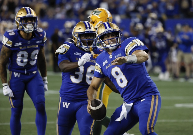 Winnipeg Blue Bombers quarterback Zach Collaros (8) celebrates his touchdown against the Edmonton Elks during second half CFL action in Winnipeg Thursday, June 26, 2025.   Collaros was a full participant at practice on Tuesday morning.  
