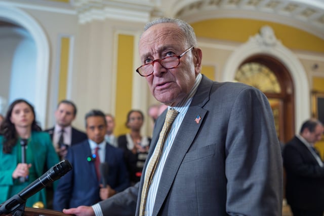 Senate Minority Leader Chuck Schumer, D-N.Y., speaks with reporters as the Senate holds its first procedural vote on Emil Bove's nomination for the 3rd Circuit Court of Appeals, at the Capitol in Washington, Tuesday, July 22, 2025. (AP Photo/J. Scott Applewhite)