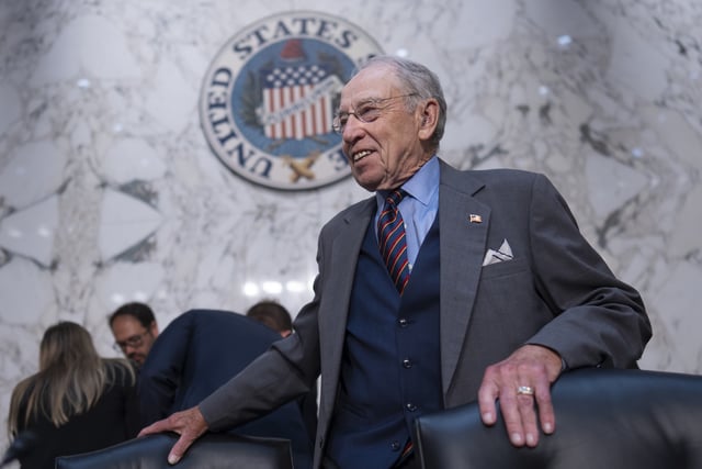 Senate Judiciary Committee Chairman Chuck Grassley, R-Iowa, arrives to advance President Donald Trump's nominees for the federal bench, including Emil Bove, Trump's former defense lawyer, at the Capitol in Washington, Thursday, July 17, 2025. (AP Photo/J. Scott Applewhite)