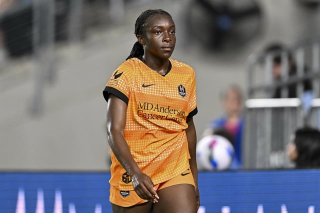 May 24, 2025; Houston, Texas, USA; Houston Dash forward Michelle Alozie (22) walks off the pitch during the second half against the Bay FC at Shell Energy Stadium. Mandatory Credit: Maria Lysaker-Imagn Images/File Photo