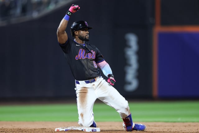 NEW YORK, NEW YORK - JUNE 13: Starling Marte #6 of the New York Mets reacts on second base after hitting a two-run single during the fifth inning of the game against the Tampa Bay Rays at Citi Field on June 13, 2025 in New York City. (Photo by Dustin Satloff/Getty Images)