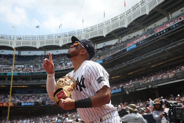 NEW YORK, NY - JULY 12: Oswald Peraza #18 of the New York Yankees looks on as he leaves the dugout before the game against the Chicago Cubs at Yankee Stadium on July 12, 2025 in New York, New York.