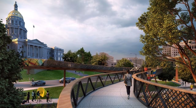 A rendering released by Gov. Jared Polis&#39; office on May 22, 2025, show plans for the Colorado 150 Pedestrian Walkway connecting the Capitol complex and Lincoln Veterans Memorial Park. (Courtesy of Studio Gang)