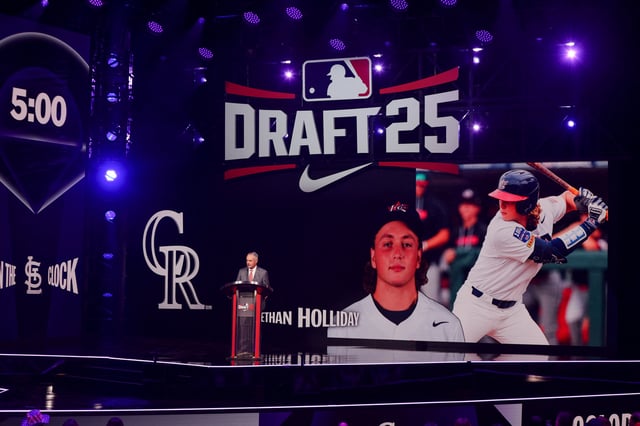 Jul 13, 2025; Atlanta, GA, USA; Ethan Holliday is drafted by the Colorado Rockies with the fourth pick during the first round of the MLB Draft at The Coca-Cola Roxy. Mandatory Credit: Brett Davis-Imagn Images/File Photo