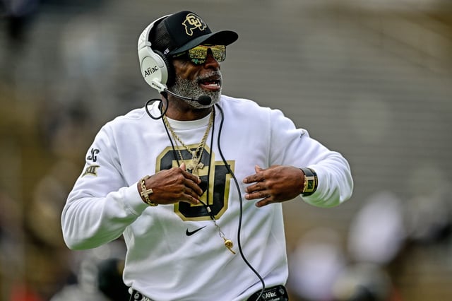 Head coach Deion Sanders of the Colorado Buffaloes walks on the field during the Black and Gold Spring Game at Folsom Field on April 19, 2025 in Boulder, Colorado.