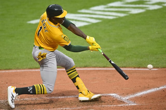 Jul 19, 2025; Cleveland, Ohio, USA; Athletics center fielder Denzel Clarke (1) doubles in the fifth inning against the Cleveland Guardians at Progressive Field. Mandatory Credit: David Richard-Imagn Images/File Photo