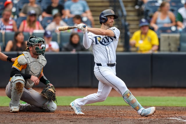 Jul 2, 2025; Tampa, Florida, USA; Tampa Bay Rays second baseman Brandon Lowe (8) doubles against the Oakland Athletics in the sixth inning at George M. Steinbrenner Field. Mandatory Credit: Nathan Ray Seebeck-Imagn Images/File Photo