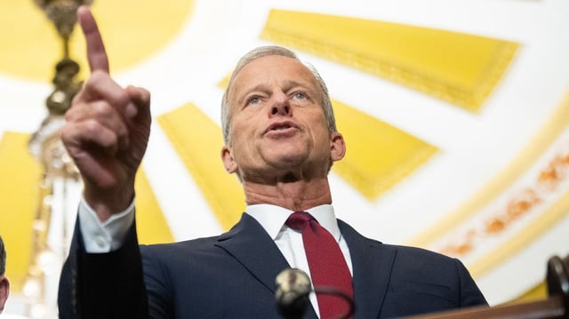 Senate Majority Leader John Thune speaks to reporters. Photo: Saul Loeb/AFP via Getty Images