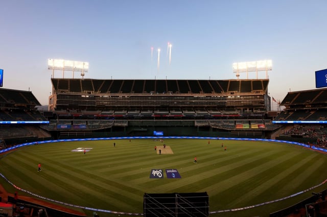 Fireworks are projected after the Washington Freedom scored six against the San Francisco Unicorns during the inaugural Major League Cricket opener at the Oakland Coliseum in Oakland, Calif., on Thursday, June 12, 2025. (Ray Chavez/Bay Area News Group)
