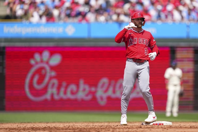 PHILADELPHIA, PENNSYLVANIA - JULY 20: Taylor Ward #3 of the Los Angeles Angels reacts after hitting a three RBI double in the top of the second inning against the Philadelphia Phillies at Citizens Bank Park on July 20, 2025 in Philadelphia, Pennsylvania.