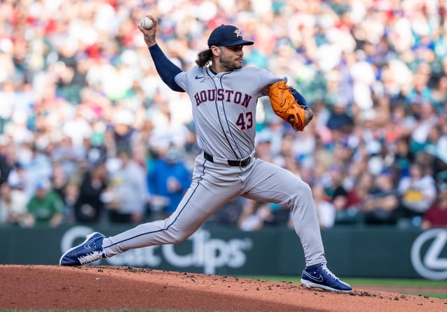 Jul 19, 2025; Seattle, Washington, USA;  Houston Astros starter Lance McCullers Jr. (43) delivers a pitch during the first inning against the Seattle Mariners at T-Mobile Park. Mandatory Credit: Stephen Brashear-Imagn Images/File Photo