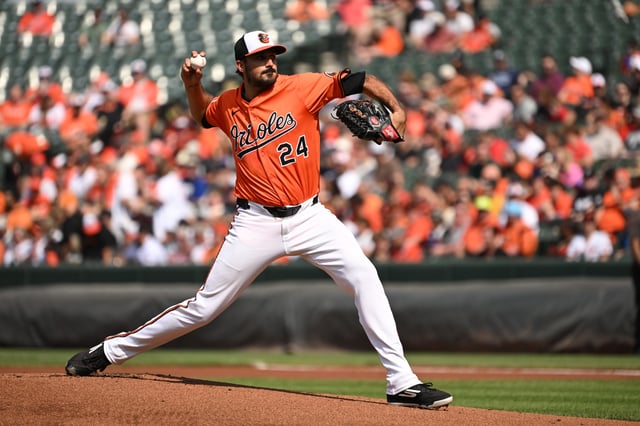Jun 28, 2025; Baltimore, Maryland, USA; Baltimore Orioles starting pitcher Zach Eflin (24) throws a pitch against the Tampa Bay Rays during the first inning at Oriole Park at Camden Yards. Mandatory Credit: Rafael Suanes-Imagn Images/File Photo