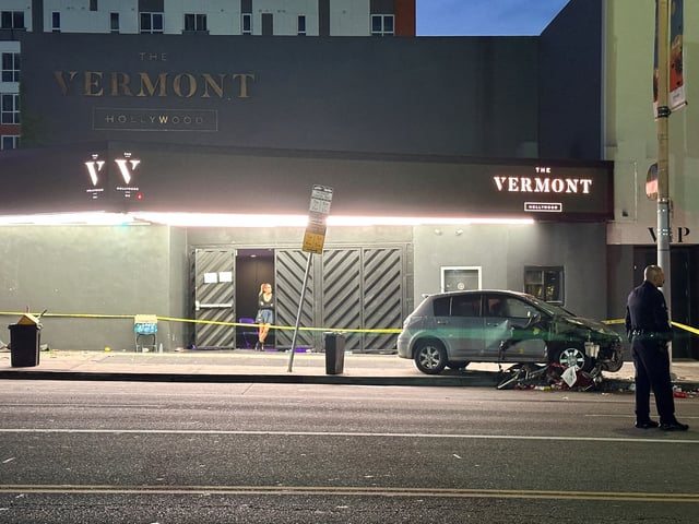 A vehicle that plunged into a crowd outside a nightclub, injuring dozens, is seen on Santa Monica Boulevard in the East Hollywood neighborhood of Los Angeles, California, U.S., July 19, 2025. REUTERS/Jorge Garcia