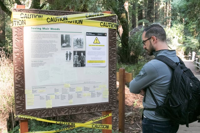 A visitor reads a sign called “Saving Muir Woods” in Muir Woods National Monument on Aug. 23, 2021. The sign was recently removed from the park.
