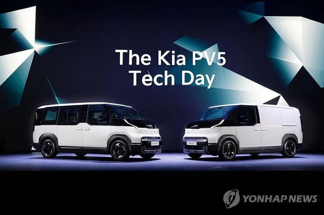 This photo provided by Kia Corp. shows the automaker's PV5 models on display at a tech presentation held in Gwangmyeong, southwest of Seoul, on July 22, 2025. (PHOTO NOT FOR SALE) (Yonhap)