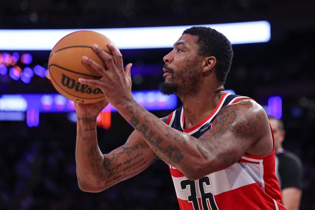 Mar 22, 2025; New York, New York, USA; Washington Wizards guard Marcus Smart (36) shoots the ball during the second half against the New York Knicks at Madison Square Garden. Mandatory Credit: Vincent Carchietta-Imagn Images/File Photo