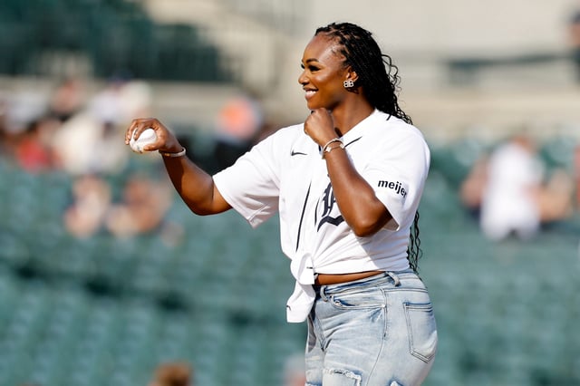 Claressa Shields throws out a ceremonial first pitch before the June 17 game between the Detroit Tigers and Pittsburgh Pirates at Comerica Park.