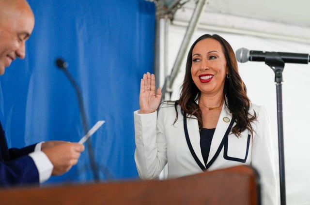 At her swearing-in as county supervisor, Paloma Aguirre was administered the oath of office by her husband, Delio Bacalski, outside county offices Tuesday, July 22, 2025, in San Diego, California. (Alejandro Tamayo / The San Diego Union-Tribune)