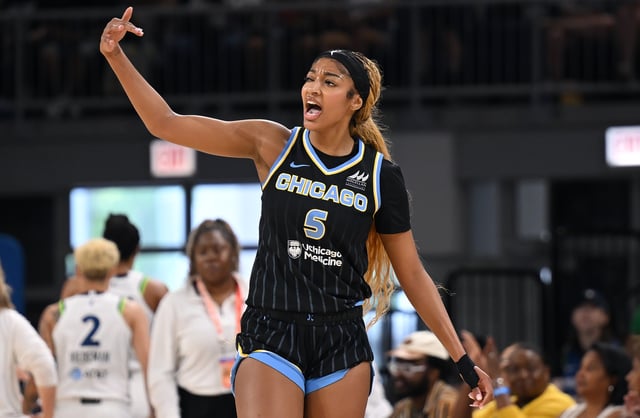 Angel Reese #5 of the Chicago Sky celebrates a play against the Minnesota Lynx during the first half at Wintrust Arena on July 12, 2025 in Chicago, Illinois.