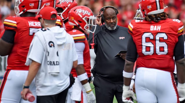 Michael Locksley, Maryland football head coach, during a game against Connecticut at SECU Stadium on Aug 31, 2024, in College Park, Maryland. (Kim Hairston/Baltimore Sun/TNS)