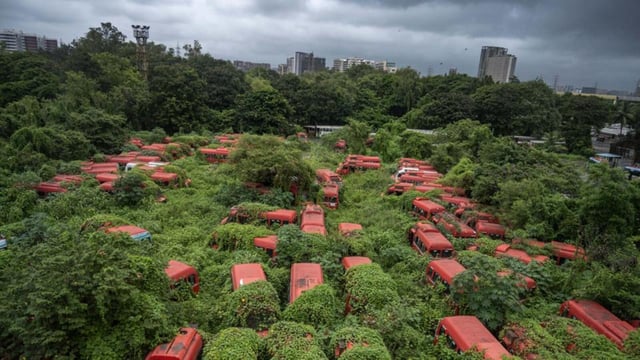 Mumbai, India - July 22, 2025: With a depleted fleet of BEST, there are around 100 buses belonging to a wet lease operator lying unused at Anik Depot in Mumbai, India, on Tuesday, July 22, 2025. (Photo by Satish Bate/ Hindustan Times) (Hindustan Times)