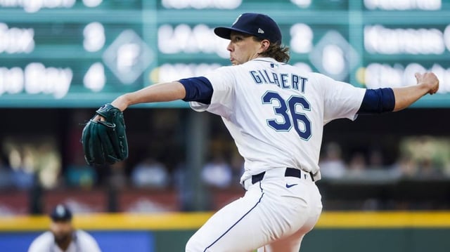 Jul 22, 2025; Seattle, Washington, USA; Seattle Mariners starting pitcher Logan Gilbert (36) throws against the Milwaukee Brewers during the first inning at T-Mobile Park. Mandatory Credit: Joe Nicholson-Imagn Images
